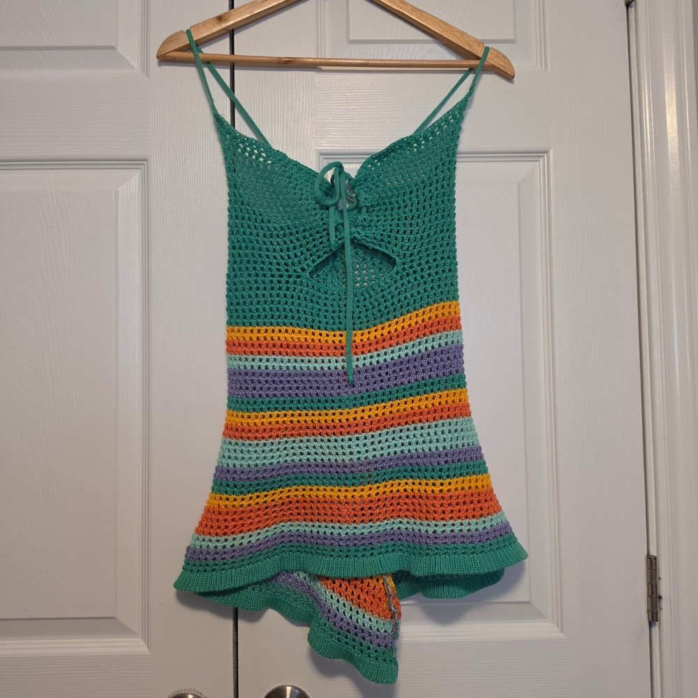 SHEIN Crochet Striped Lace Up Boho Mini Dress Beach Cover Up Teal Multi OS